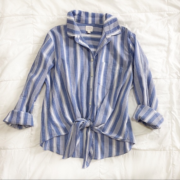 *SOLD* J Crew Striped Tie Waist Button Down M - Picture 2 of 15